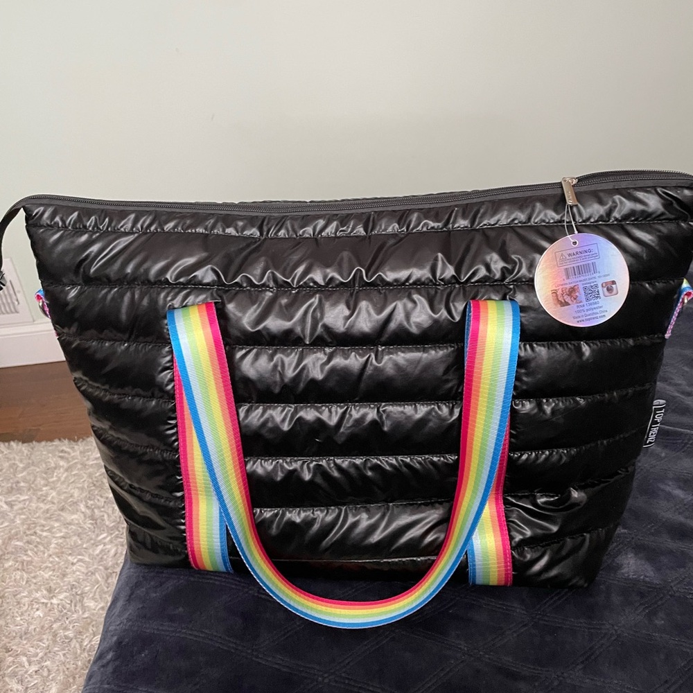 Black Puffer Tote with Primary Rainbow Straps